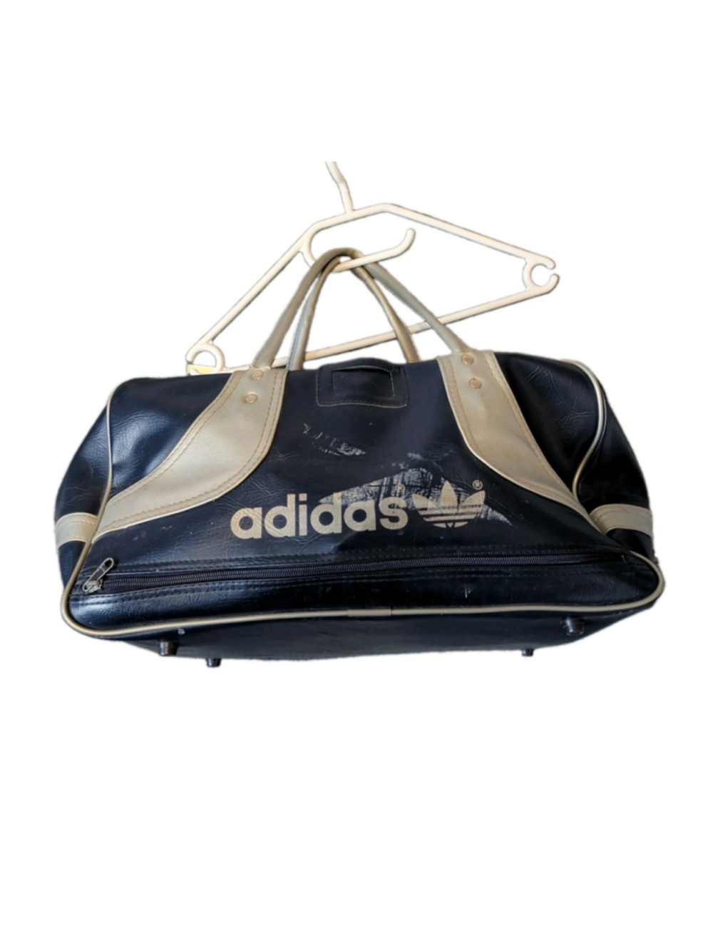 Vintage ADIDAS Duffel Gym Bag Trefoil 1970s Navy Blue Silver Vinyl No 722-1 038